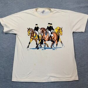 Hanes T-Shirt‎ Men L Cream Equestrian Horseback Rider Graphic 90s USA VTG